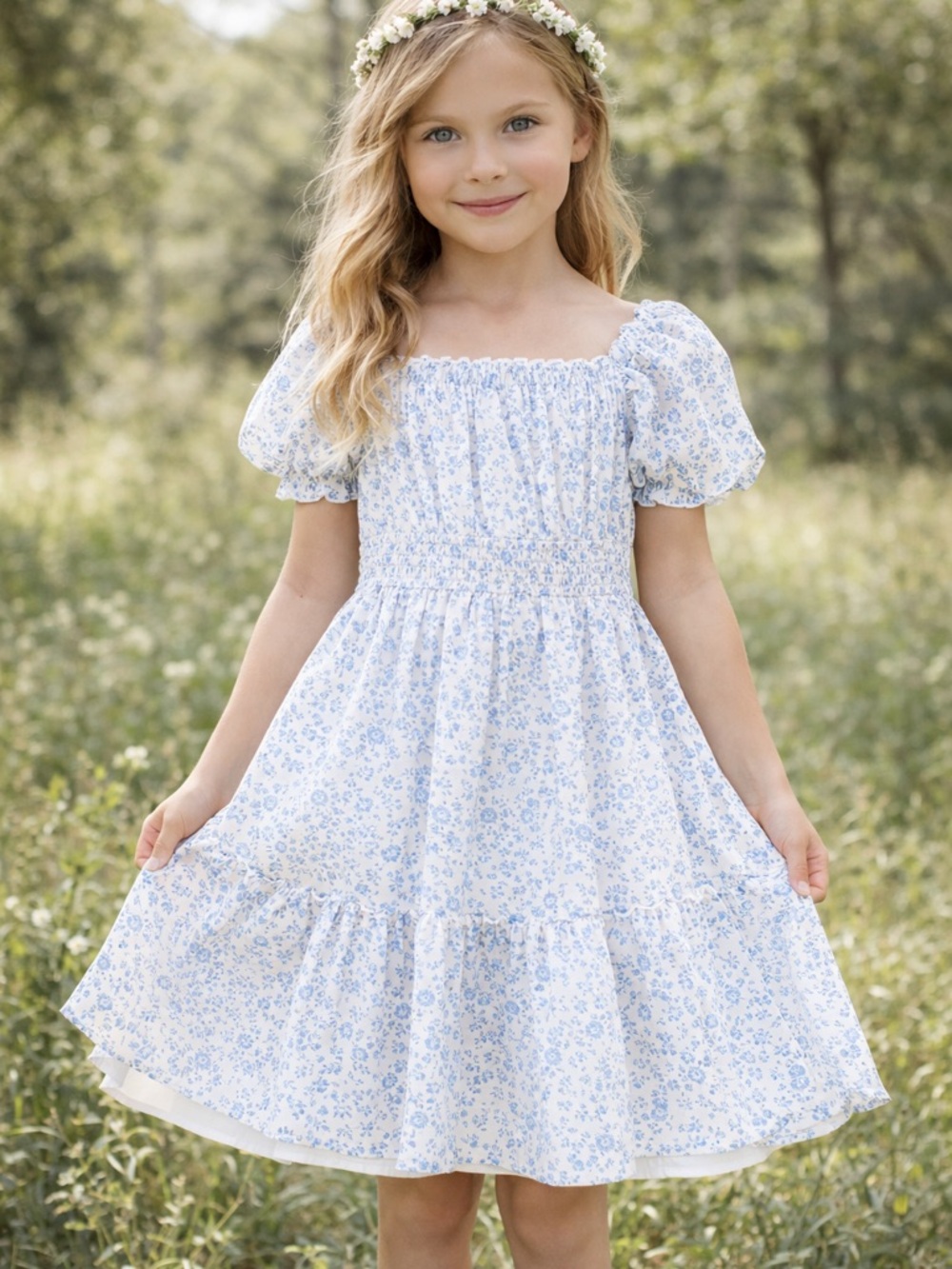 Altar’d State Girls Blue Floral Smocked Dress Cottagecore Puff Sleeve Size M